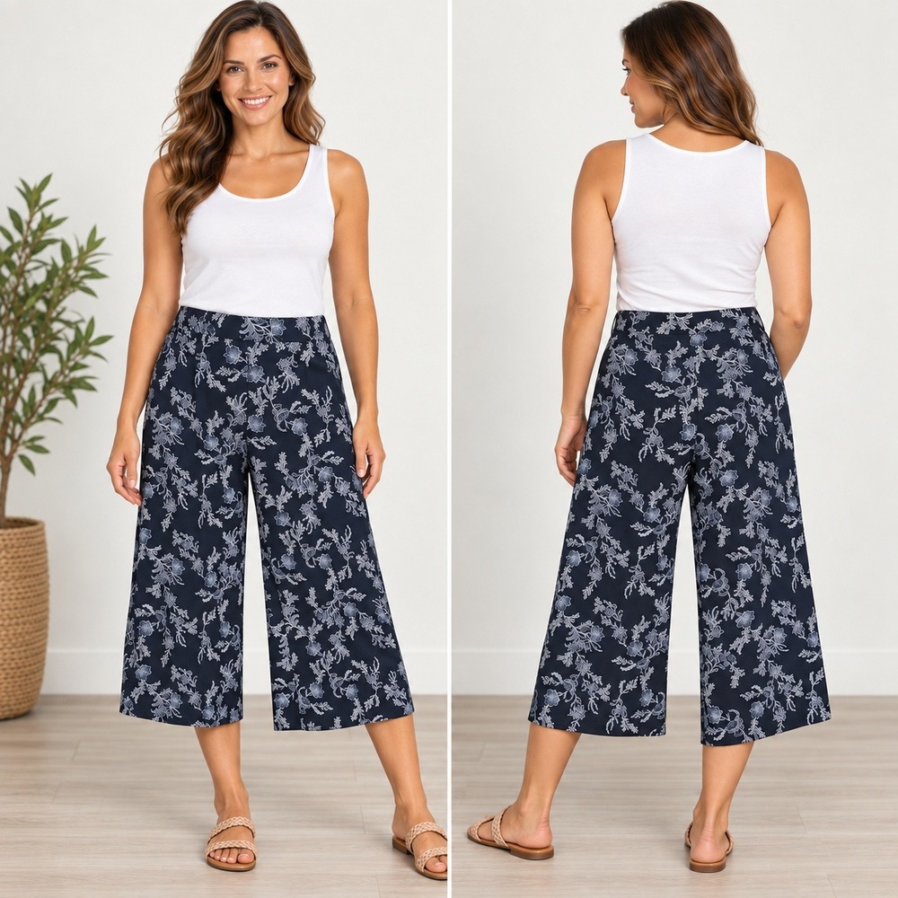 J.Jill Wearever Navy Blue Floral Wide Leg Crop Pants Small Travel Knit Culottes